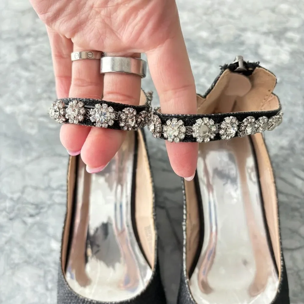 Badgley Mischka Ankle Strap Embellished Girls' Glitter Pump Shoes Black Size 13